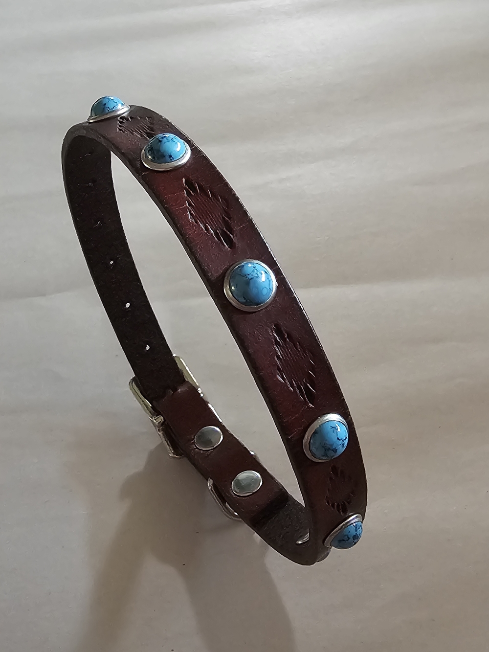 Leather Turquoise Accent Small Dog Collar - Brown